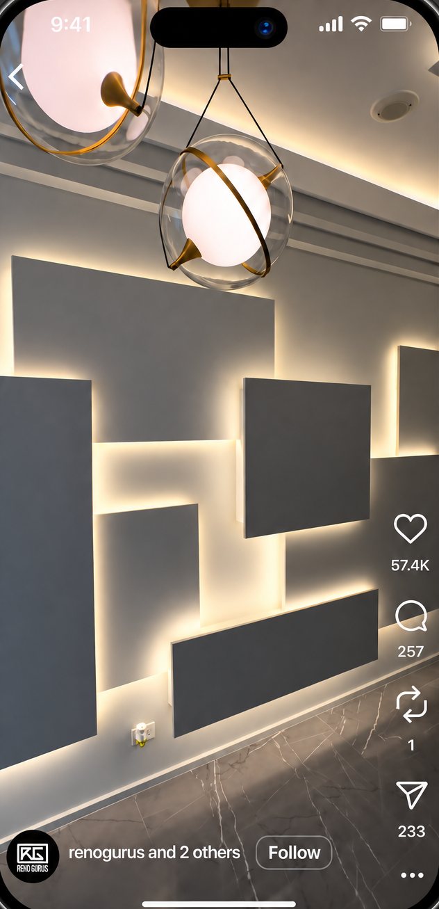 Backlit feature wall with brass pendant lights, from a Reno Gurus Instagram reel.