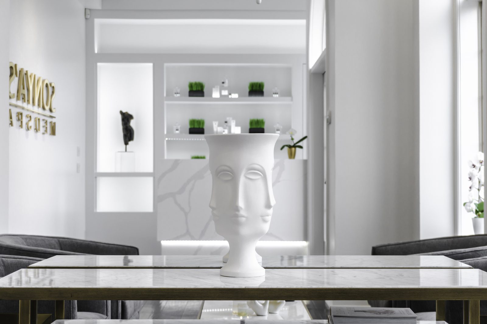 Reception with marble console and product shelving, Sonya's Med Spa, Oakville.