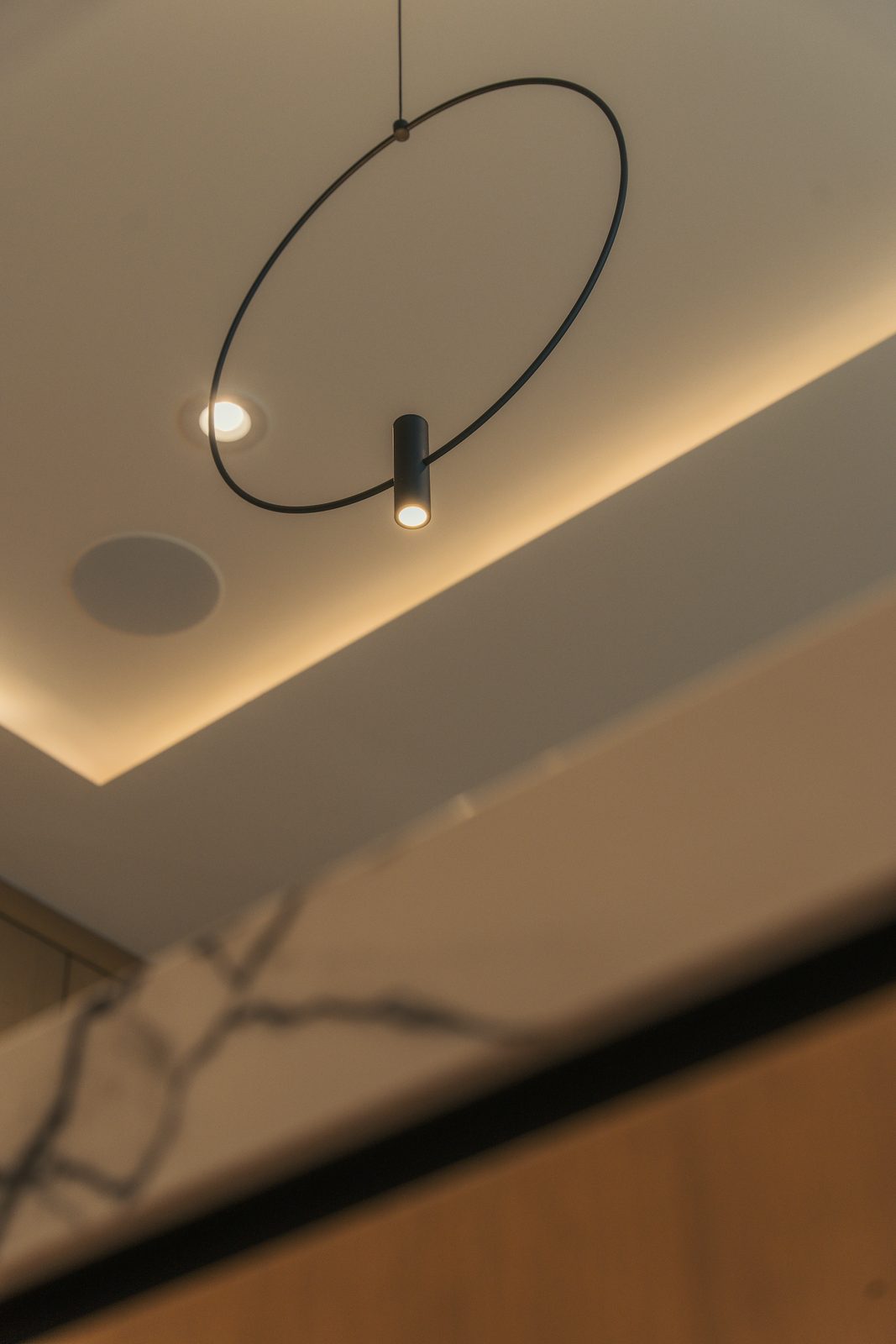 Ceiling pendant and marble detail, Ritz-Carlton kitchen, Toronto.