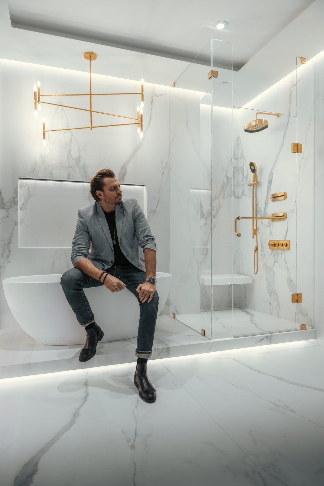 Sebastian on site in the finished Ritz-Carlton master bath, Toronto.